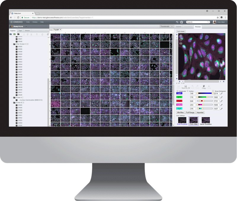 desktop monitor showing a high-content screening (HCS) plate running on OMERO Plus by Glencoe Software