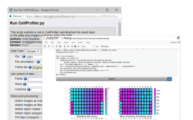 screenshots of CellProfiler and Jupyter notebooks used with OMERO Plus