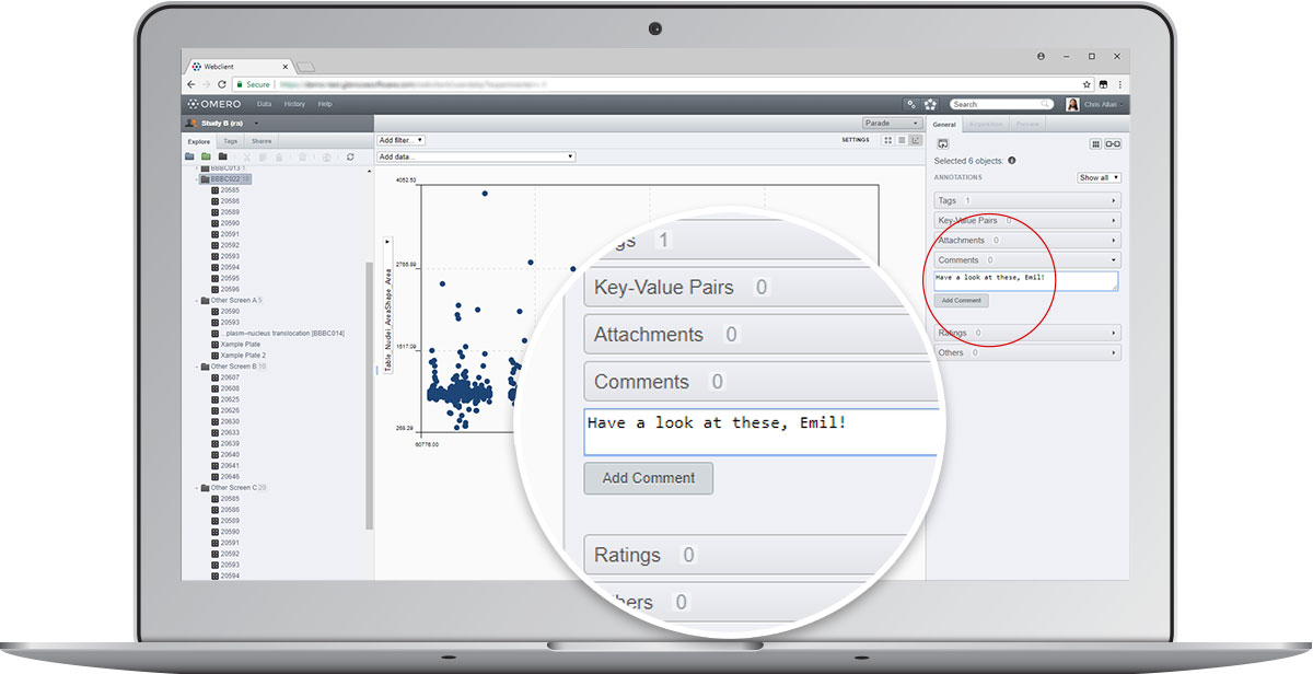 laptop showing a sample comment on OMERO Plus