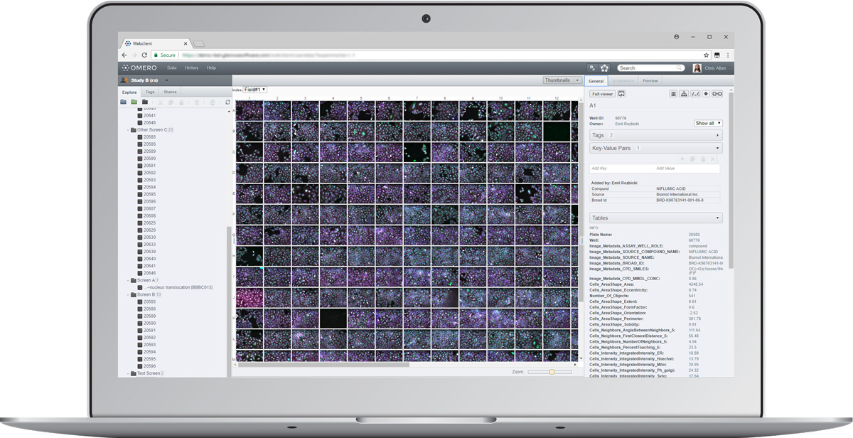 laptop showing high-content screening wells displayed on OMERO Plus